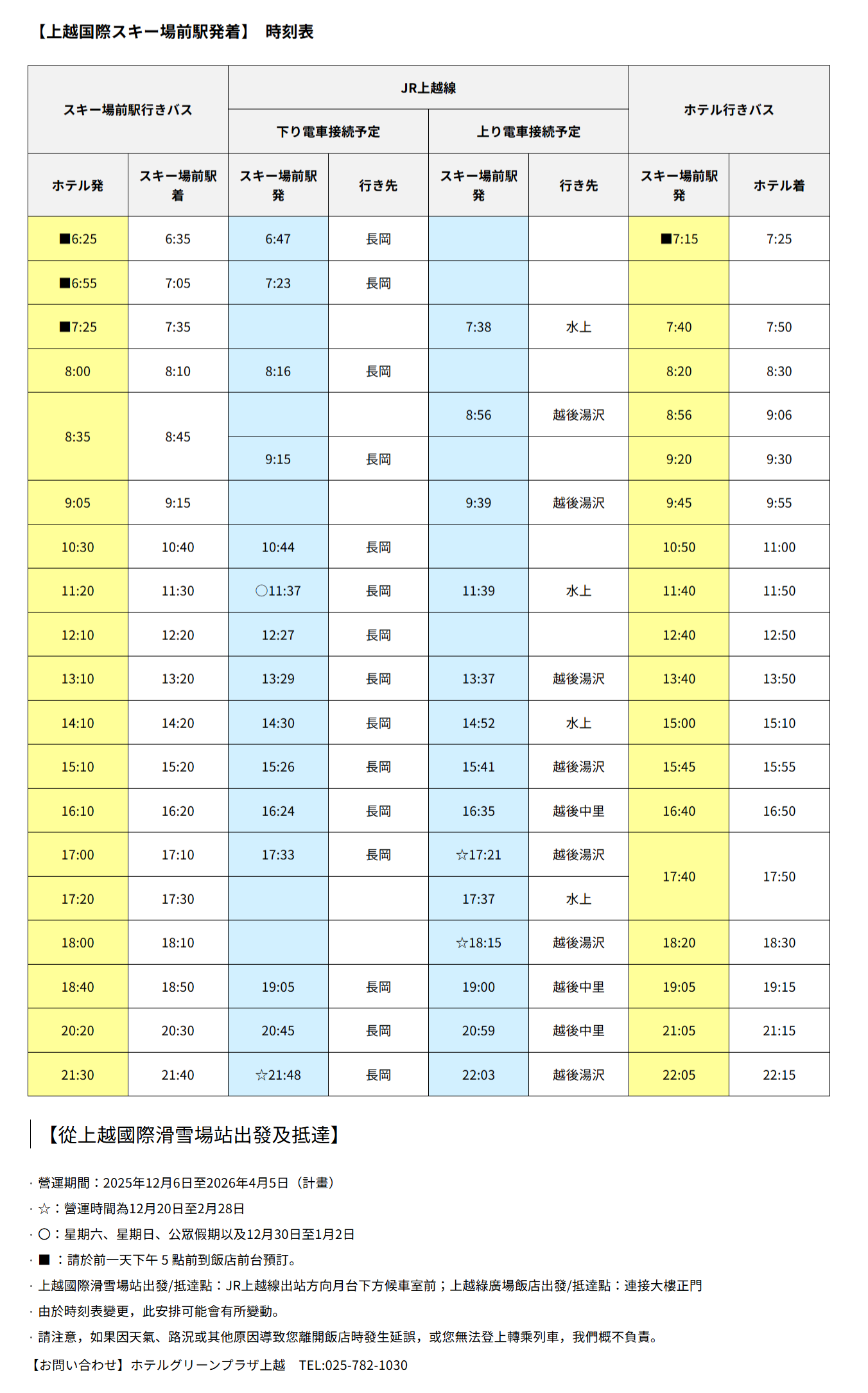 2025-2026上越國際JR時刻表